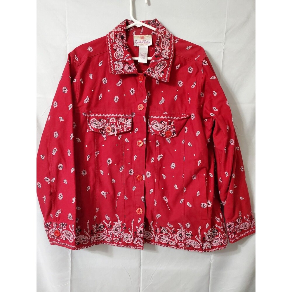 Quacker Factory Vintage Red Bandana Print Jacket Size Large Paisley Bling